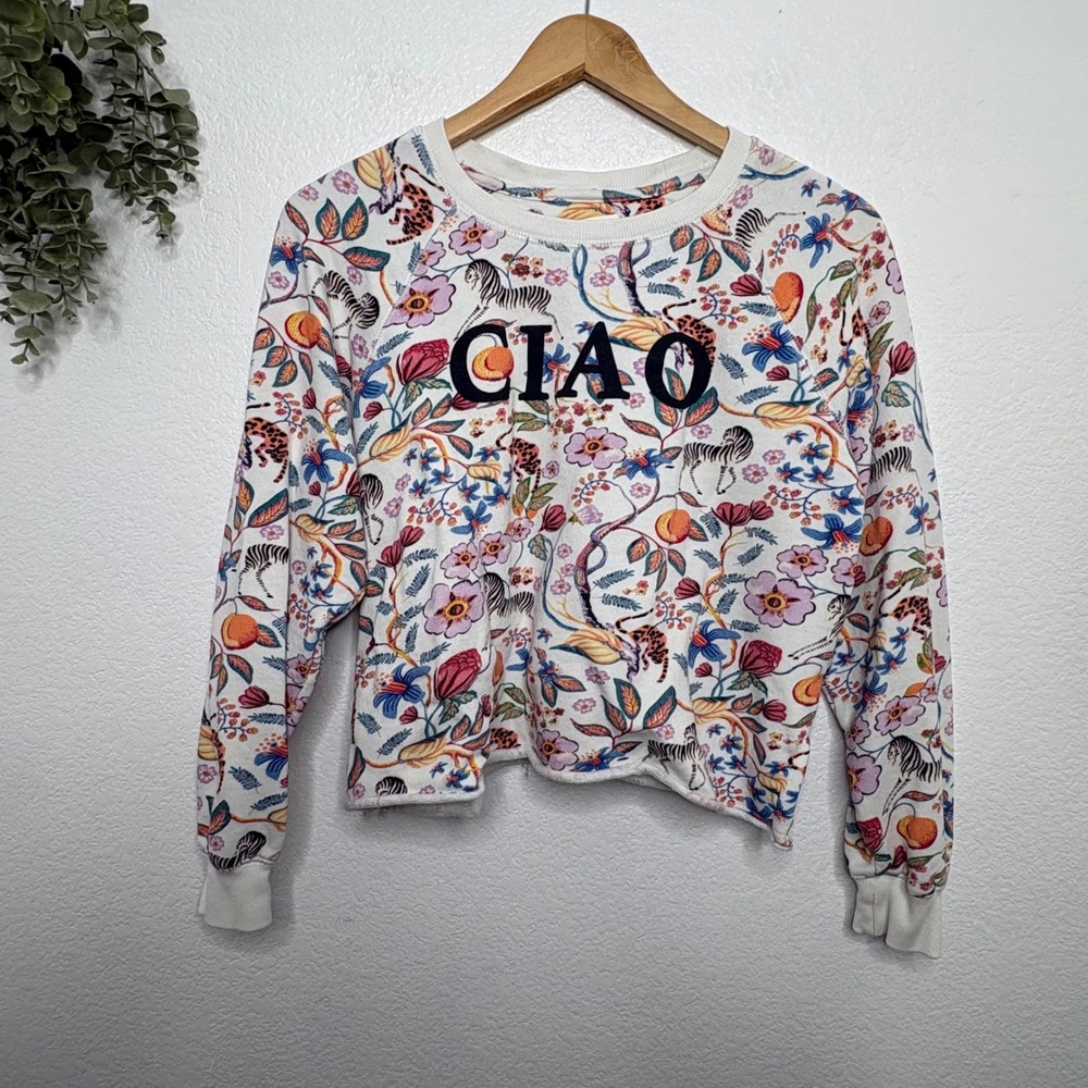 Maeve Anthropologie Ciao Graphic Sweatshirt XS White Floral Zebra Leopard - Picture 2 of 7